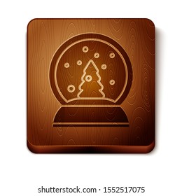 Brown Christmas snow globe with fallen snow and christmas tree icon isolated on white background. Merry Christmas and Happy New Year. Wooden square button. Vector Illustration