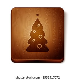 Brown Christmas tree with decorations icon isolated on white background. Merry Christmas and Happy New Year. Wooden square button. Vector Illustration