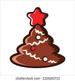 Brown Christmas Tree in the form of Christmas Gingerbread. Flat style icon with black outline. Symbol. Sign. Stock Vector Illustration. Transparent. White Isolated.