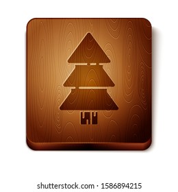 Brown Christmas tree icon isolated on white background. Merry Christmas and Happy New Year. Wooden square button. Vector Illustration