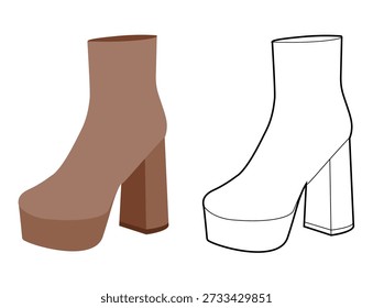 Brown chunky Plattform Block Knöchel Stiefel Frauen flach plus Line-Set. Übergroße Sohle mit gestapelter Ferse für den Winter. Technische Mode-Illustration CAD mockup Vektor Männer unisex isoliert chic Stil.