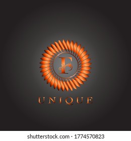 Diseño De Logotipo De Letra F Inicial De Floral De Lujo Círculo Marrón Con Motivo De Lujo. Elegancia Monograma único emblema indio ornato naturaleza floral hoja con letra inicial.
