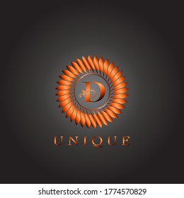 Diseño del logotipo de la letra D inicial de color floral de lujo de la pluma Círculo marrón. Elegancia Monograma único emblema indio ornato naturaleza floral hoja con letra inicial.