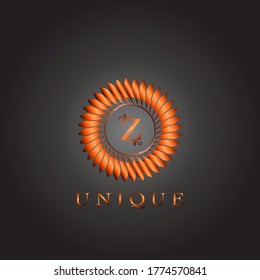 Brown Circle Feather Luxury Floral Initial Z Letter Logo  Design. Elegance Monogram unique indian emblem ornate nature floral leaf with initial letter.