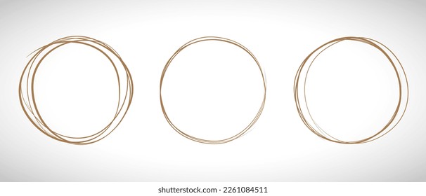 Brown circle line hand drawn set. Highlight hand drawing circle isolated on background. Round handwritten circle. For marking text, note, mark icon, number, marker pen, pencil and text check, vector