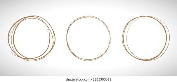 Brown circle line hand drawn set. Highlight hand drawing circle isolated on background. Round handwritten circle. For marking text, note, mark icon, number, marker pen, pencil and text check, vector