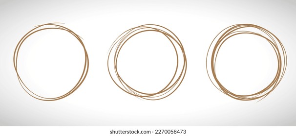 Brown circle line hand drawn set. Highlight hand drawing circle isolated on background. Round handwritten circle. For marking text, note, mark icon, number, marker pen, pencil and text check, vector