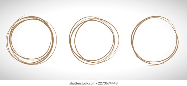 Brown circle line hand drawn set. Highlight hand drawing circle isolated on background. Round handwritten circle. For marking text, note, mark icon, number, marker pen, pencil and text check, vector