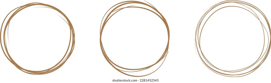 Línea de círculo marrón dibujada a mano. Resaltar el círculo de dibujo a mano aislado en el fondo. Círculo redondo escrito a mano. Para marcar texto, nota, icono de marca, número, lápiz de marcadores, revisión de lápiz y texto, vector