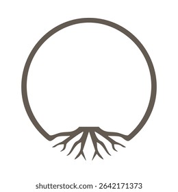 Brown circle tree roots border frame. A circular nature symbol with copy space. Isolated on a white background.