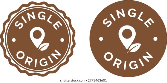 Brown circular single origin badges with location pin and leaf icon, ideal for coffee or specialty product labeling.