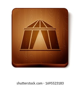 Brown Circus tent icon isolated on white background. Carnival camping tent. Amusement park. Wooden square button. Vector Illustration