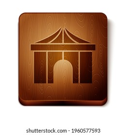 Brown Circus tent icon isolated on white background. Carnival camping tent. Amusement park. Wooden square button. Vector