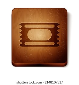Icono de la entrada de Brown Circus aislado en fondo blanco. Parque de atracciones. Botón cuadrado de madera. Vector