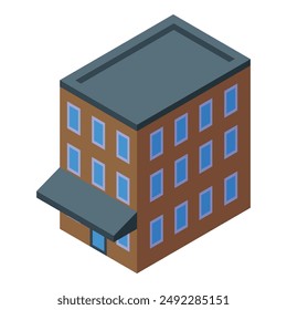 Brown city building with shop isometric icon, urban infrastructure