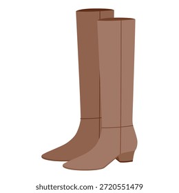 Marrón clásico bloque de tacón hasta la rodilla bota de las mujeres de par plano. Eje liso con talón apilado para la temporada cálida. Ilustración de moda técnica CAD maqueta de Vector refinado hombres unisex estilo moderno aislado.