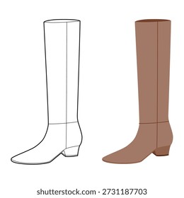 Brown classic block heel knee-high boot women flat plus line set. Smooth shaft with stacked heel for work event. Technical fashion illustration CAD mockup mixed vector men unisex isolated chic style