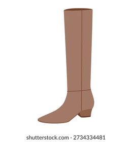 Brown classic block heel knee-high boot women flat pair. Smooth shaft with stacked heel city chic, polished style. Technical fashion illustration CAD mockup vector men unisex isolated glamorous style