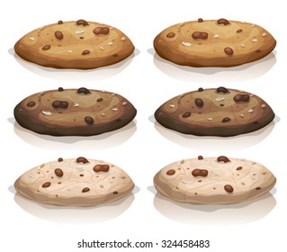 Brown Classic And Chocolate Cookies/
Illustration of a set of cartoon american cookies, with brown classic, chocolate, vanilla flavor, for fast food sweets and desserts menu