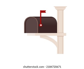 Brown classic mailbox with closed box and flag mailbox on stand vector illustration isolated on white background