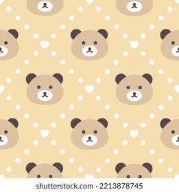 Brown classic teddy bear face with polka dot background and kawaii hearts on a yellow seamless pattern. Kids wall art, fabric and textile print.