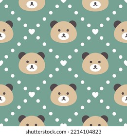 Brown classic teddy bear face with polka dot background and kawaii hearts on a green seamless pattern. Kids wall art, fabric and textile print.