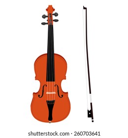 Brown classical violin with fiddle stick vector icon set isolated, musical instrument