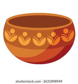 Brown clay bowl with a simple, repeating floral pattern. Perfect for rustic or ethnic designs.