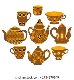 Brown clay cups, teapots in ethnic style. Vector illustration.