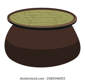 Brown clay pot with grain texture on top, traditional earthenware cooking vessel design illustration