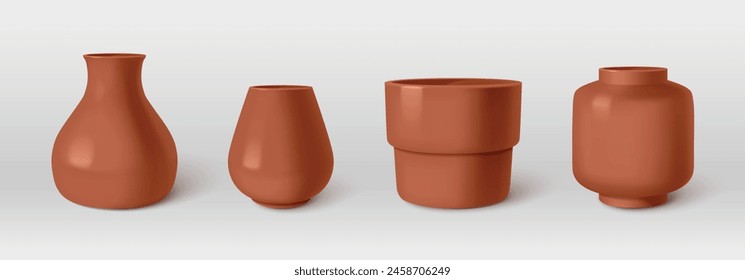 Brown clay vases set isolated on background. Vector realistic illustration of 3D ceramic bottle, jar, jug shape plastic urns, handmade pottery mockups, home interior design elements, decor collection