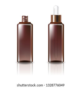 Brown clear cosmetic square bottle with white-copper dropper lid mockup template. Isolated on white background with reflection shadow. Ready to use for package design. Vector illustration.