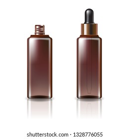 Brown clear cosmetic square bottle with black-copper dropper lid mockup template. Isolated on white background with reflection shadow. Ready to use for package design. Vector illustration.