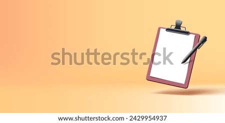 Brown clipboard 3d illustration with blank while piece of paper and black pen, realistic render illustration