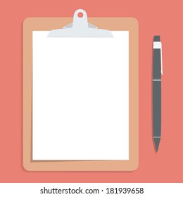 Brown clipboard with blank white paper.  with pen put alongside. Vector illustration. 