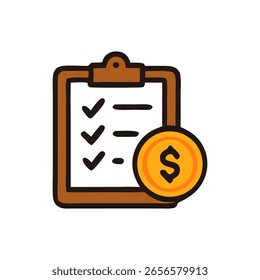 Uma lista de verificação marrom na área de transferência com marcas de seleção e uma moeda de ouro com um símbolo de dólar. Simples, estilo cartoon.