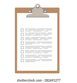 Brown clipboard with checklist vector illustration. Survey icon, checklist icon 