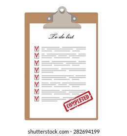 Brown clipboard and to do list with check boxes marked with red rubber stamp completed vector illustration. Survey icon, checklist icon 