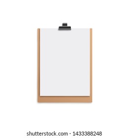 Brown clipboard mockup with blank white piece of paper, craft cardboard style sheet pad with black metal clip and empty message document isolated on white background - vector illustration