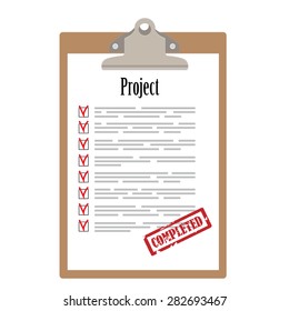 Brown clipboard and project list with check boxes marked with red rubber stamp completed vector illustration. Survey icon, checklist icon 