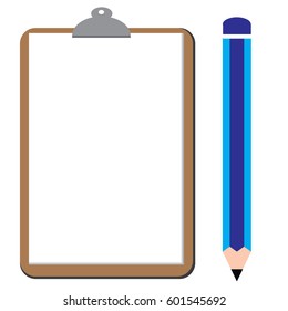 Brown clipboard with white paper and blue pencil put alongside  for business education.