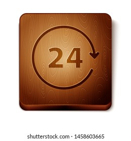 Brown Clock 24 hours icon isolated on white background. All day cyclic icon. 24 hours service symbol. Wooden square button. Vector Illustration
