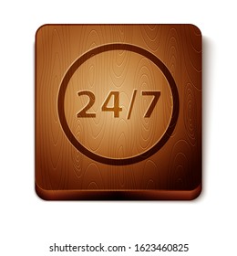 Brown Clock 24 hours icon isolated on white background. All day cyclic icon. 24 hours service symbol. Wooden square button. Vector Illustration