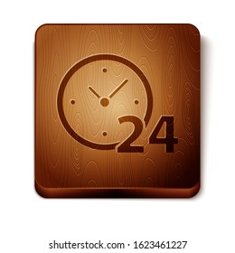 Brown Clock 24 hours icon isolated on white background. All day cyclic icon. 24 hours service symbol. Wooden square button. Vector Illustration