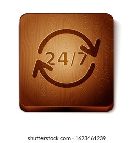 Brown Clock 24 hours icon isolated on white background. All day cyclic icon. 24 hours service symbol. Wooden square button. Vector Illustration