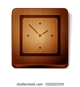 Brown Clock icon isolated on white background. Time symbol. Wooden square button. Vector Illustration