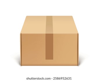 Brown closed cardboard box sealed with tape, placed on a white background. The box is depicted in a realistic style. Concept of packaging, shipping, and delivery. Vector illustration