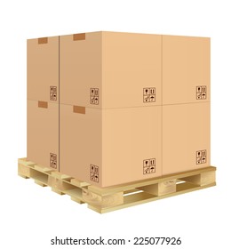 Brown closed carton delivery packaging box with fragile signs on wooden pallet isolated on white background vector illustration.