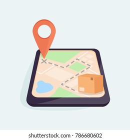 Brown closed carton parcel located on the GPS map, move to the map pointer. Mobile device with a map on the screen. Shipping parcel tracking order concept. Illustration