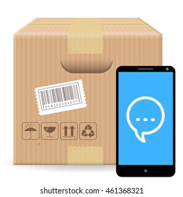 Brown closed carton parcel packaging box with fragile signs  isolated on white background with gadget and comment icon. Vector icon template for shipping and delivery feedback and tracking data.